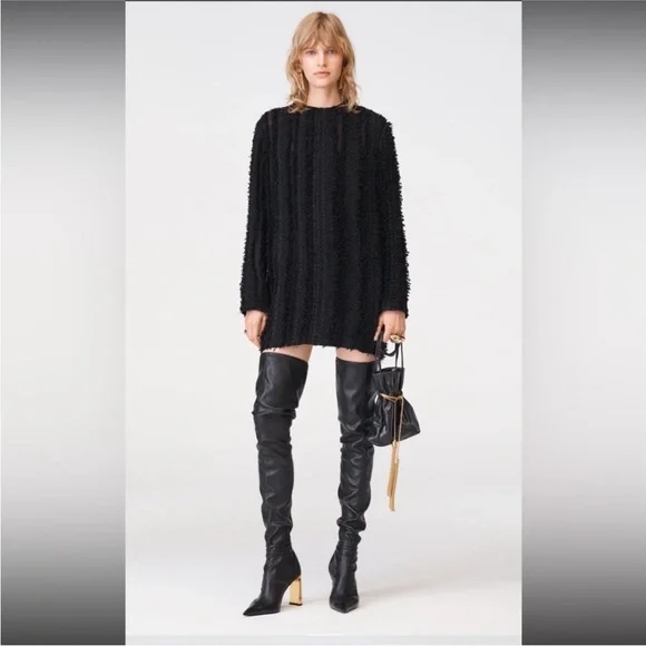 zara black textured mini dress Black textured tweed cut out dress with Pearl bead